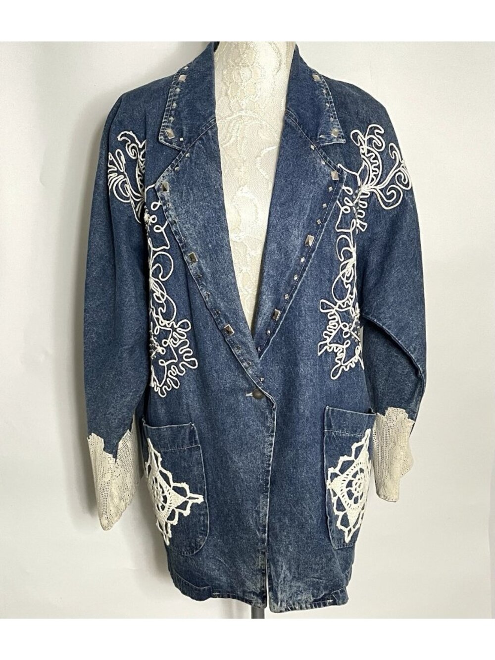 Vintage PADO California Denim Blazer Womens L Crochet Lace Studded USA 80s 90s